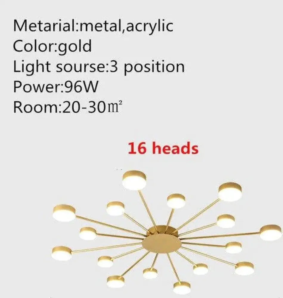 Europe Ceiling Lamp Contracted Modern 16 Heads Led Gold Indoor Light Restaurant Living Room Bedroom