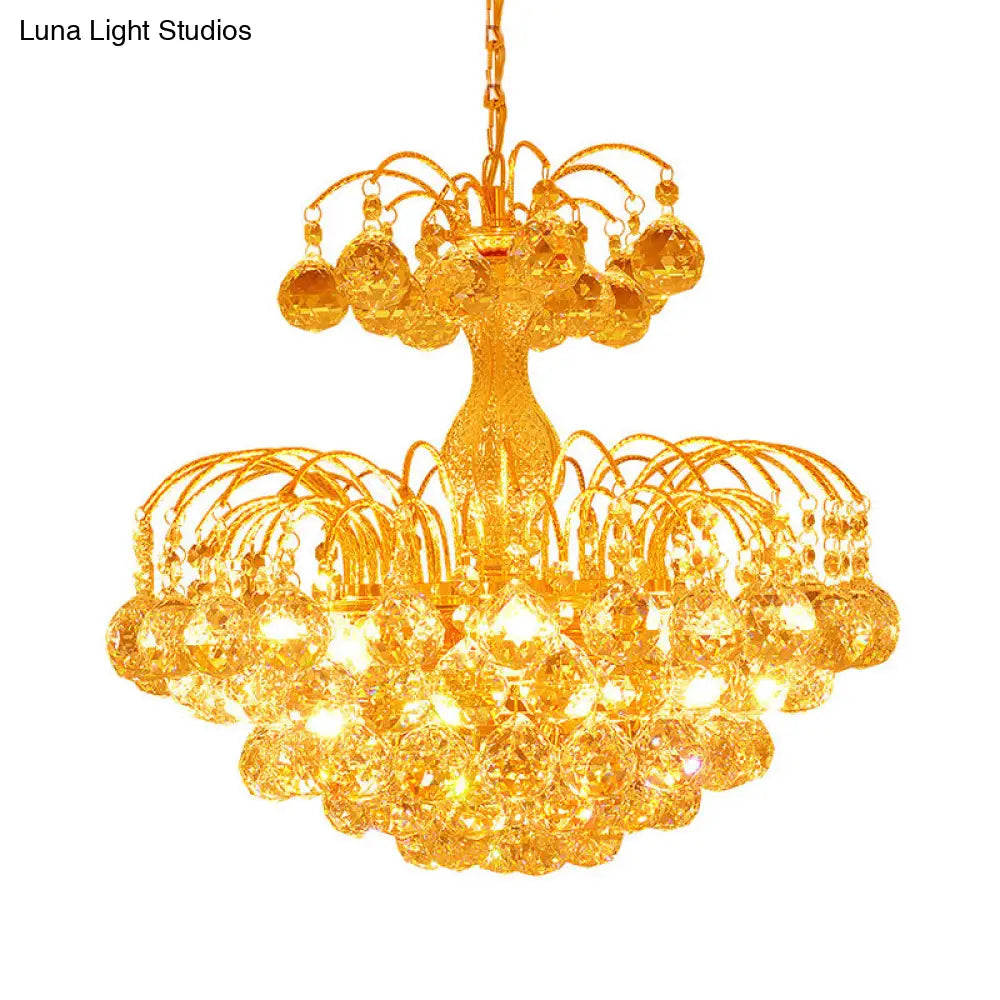 European Conic 6-Light Chandelier: Gold Suspension Pendant With Crystal Bead Accents