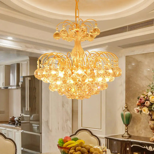 European Conic 6-Light Chandelier: Gold Suspension Pendant With Crystal Bead Accents