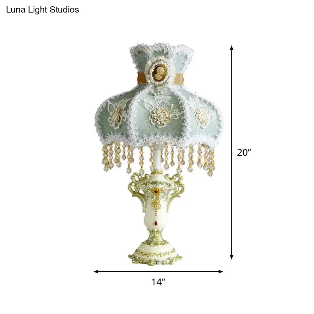 European Court Aqua Scalloped Nightstand Lamp - 1 Head Fabric Table Light With Bead Decor