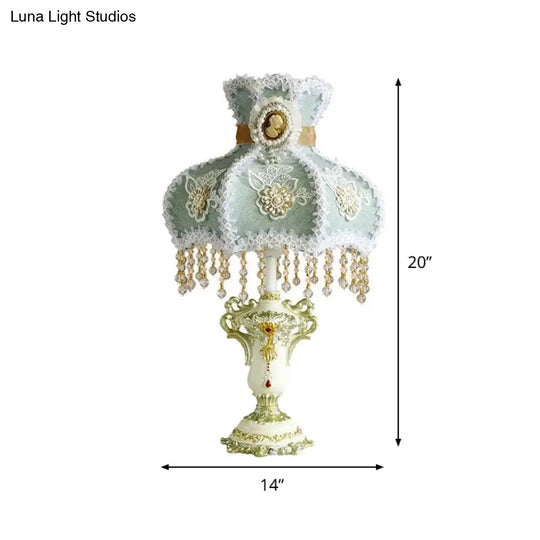 European Court Aqua Scalloped Nightstand Lamp - 1 Head Fabric Table Light With Bead Decor