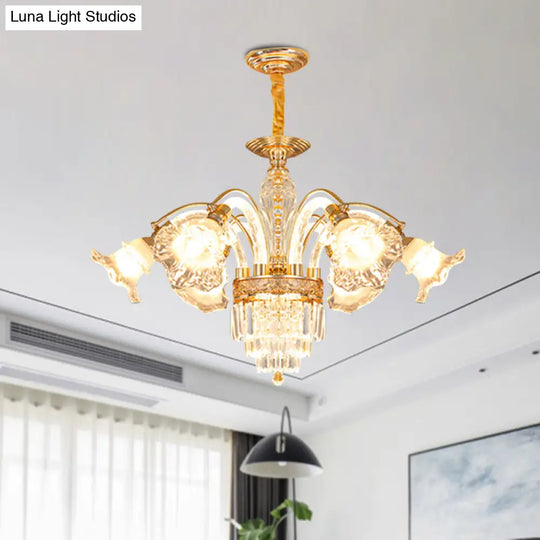 European Crystal Flute Chandelier - 6-Bulb Gold Suspension Lamp