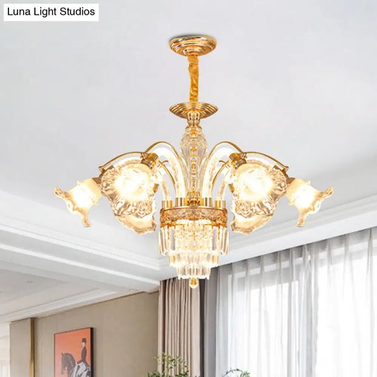 European Flute Crystal Chandelier - Gold Suspension Lamp With 6 Bulbs