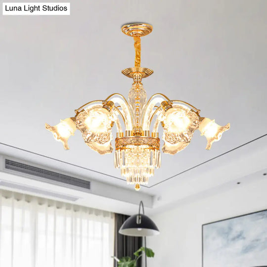 European Flute Crystal Chandelier - Gold Suspension Lamp With 6 Bulbs