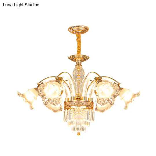 European Flute Crystal Chandelier - Gold Suspension Lamp With 6 Bulbs