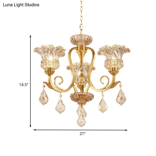 Gold Floral Shade Pendant Chandelier With Crystal Ball Accents - 3-Light European Draping Suspension