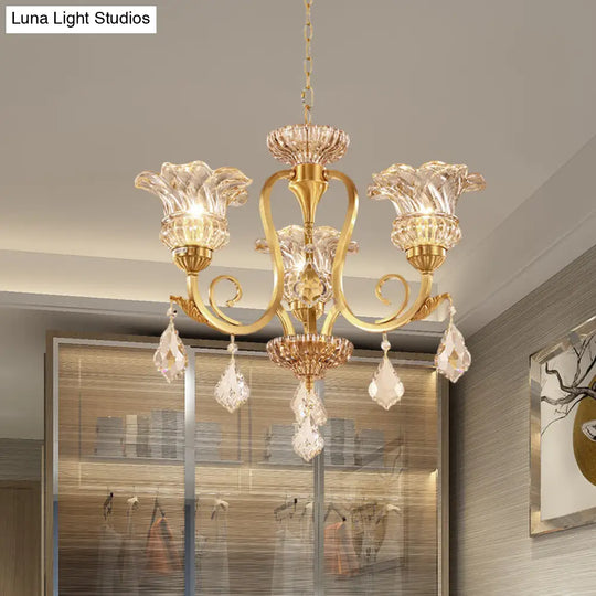 Gold Floral Shade Pendant Chandelier With Crystal Ball Accents - 3-Light European Draping Suspension