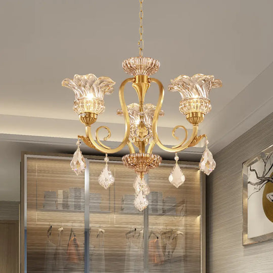 European Draping Crystal Ball Chandelier - Gold Floral Shade Pendant Lamp With 3 Lights