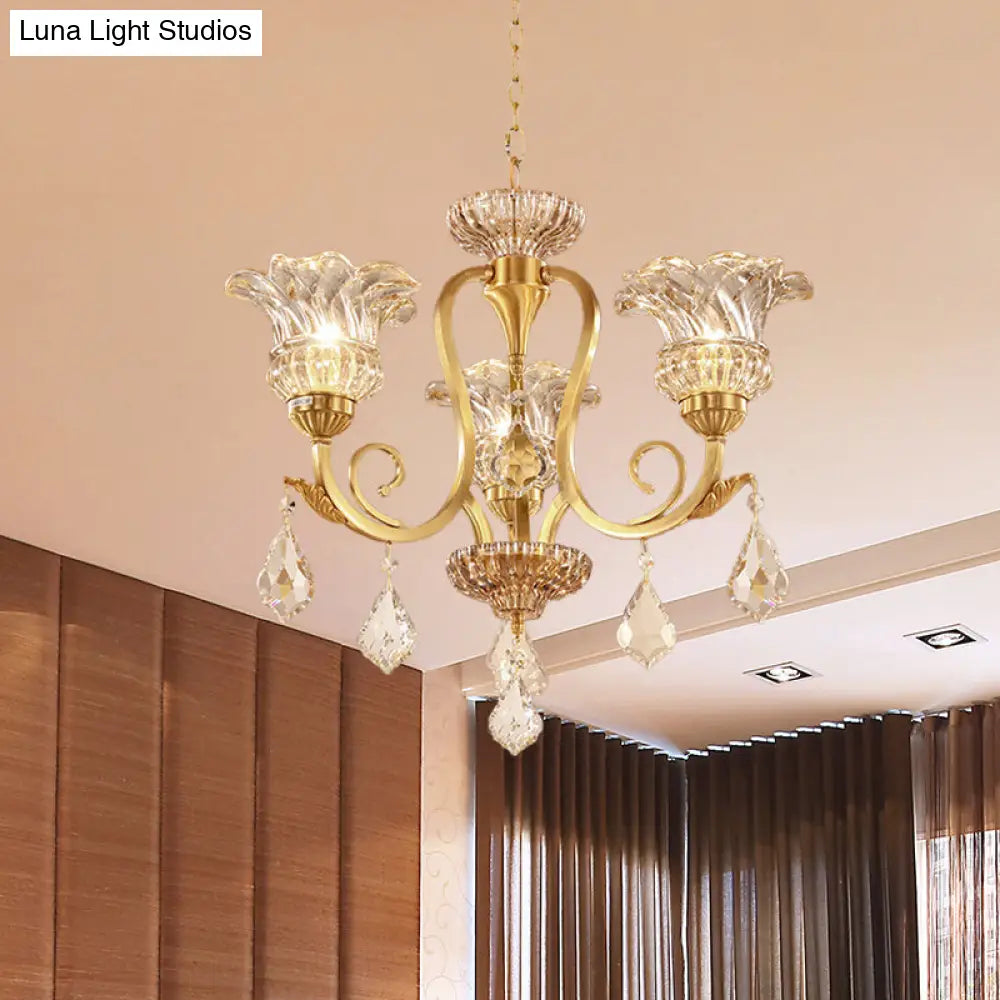 Gold Floral Shade Pendant Chandelier With Crystal Ball Accents - 3-Light European Draping Suspension