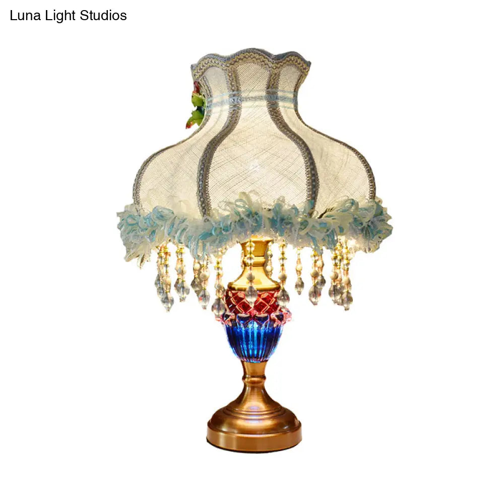 European Scalloped Table Lamp: Light Blue Fabric Lace Night With Crystal Accent