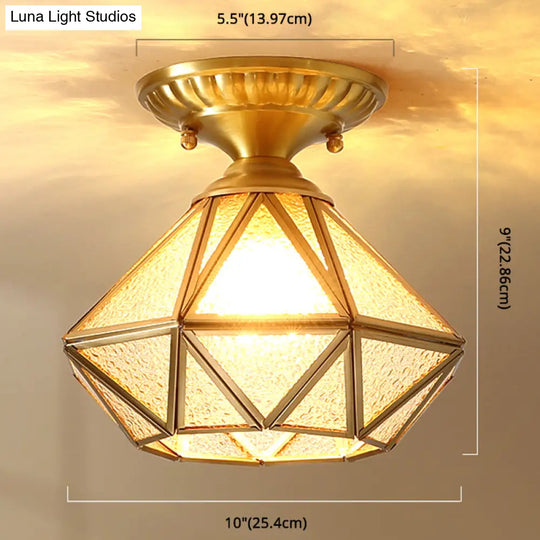 European Style Flush - Mount Ceiling Light: Full Brass Glass Shade 1 Light Polyhedron Design