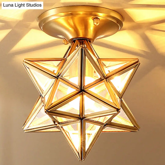 European Style Flush-Mount Ceiling Light: Full Brass Glass Shade 1 Light Polyhedron Design Bedroom