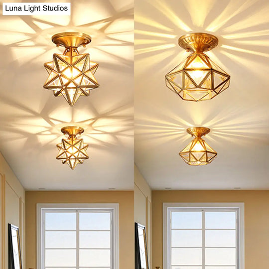 European Style Flush - Mount Ceiling Light: Full Brass Glass Shade 1 Light Polyhedron Design