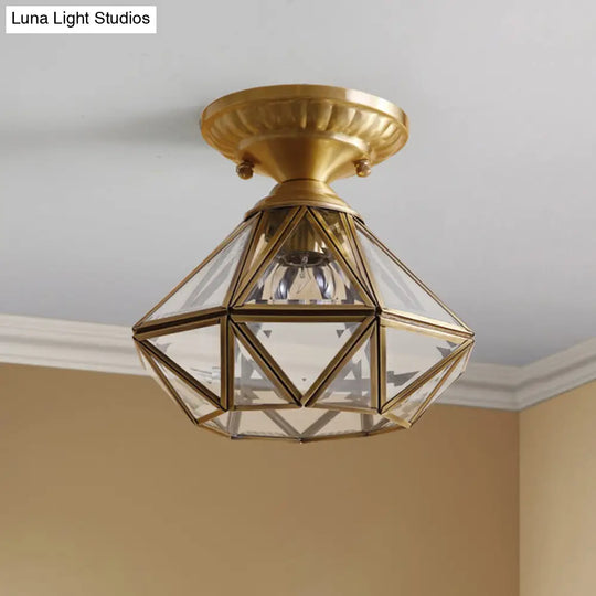 European Style Flush-Mount Ceiling Light: Full Brass Glass Shade 1 Light Polyhedron Design Bedroom