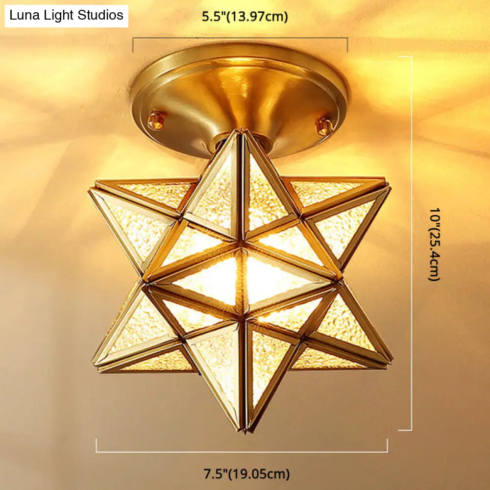 European Style Flush - Mount Ceiling Light: Full Brass Glass Shade 1 Light Polyhedron Design