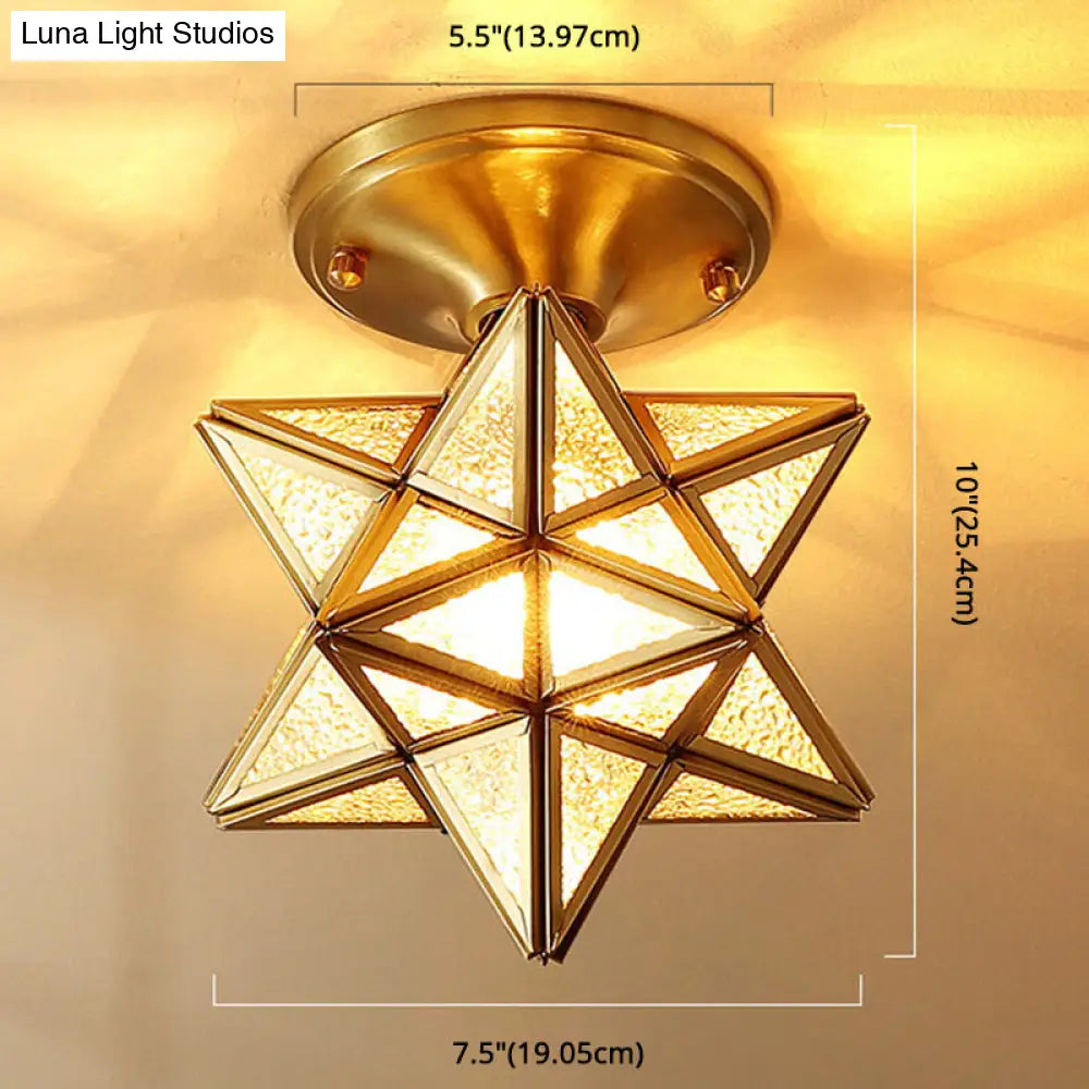 European Style Flush-Mount Ceiling Light: Full Brass Glass Shade 1 Light Polyhedron Design Bedroom