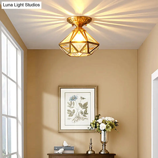 European Style Flush-Mount Ceiling Light: Full Brass Glass Shade 1 Light Polyhedron Design Bedroom