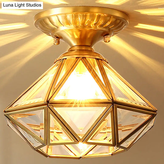 European Style Flush-Mount Ceiling Light: Full Brass Glass Shade 1 Light Polyhedron Design Bedroom