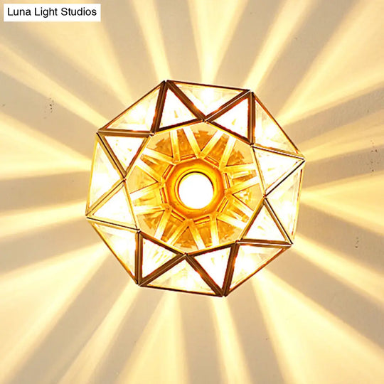 European Style Flush-Mount Ceiling Light: Full Brass Glass Shade 1 Light Polyhedron Design Bedroom