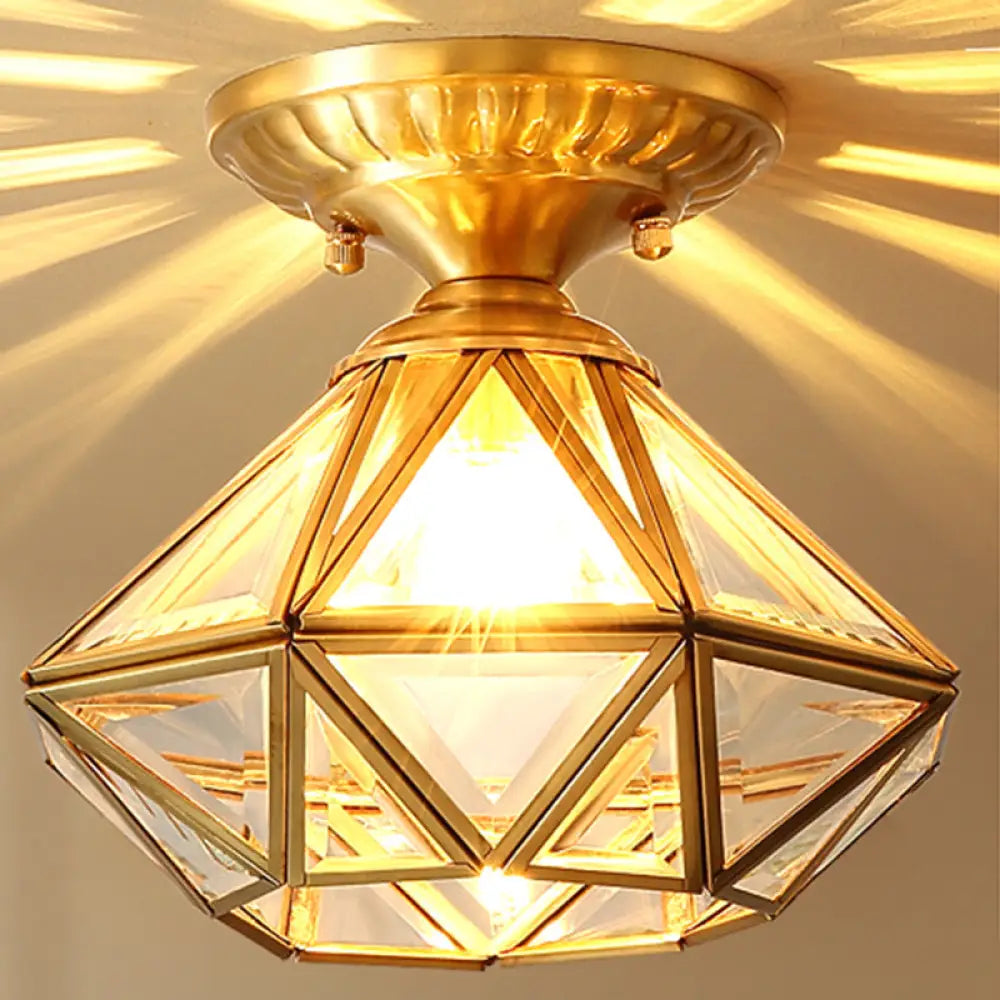 European Style Flush - Mount Ceiling Light: Full Brass Glass Shade 1 Light Polyhedron Design