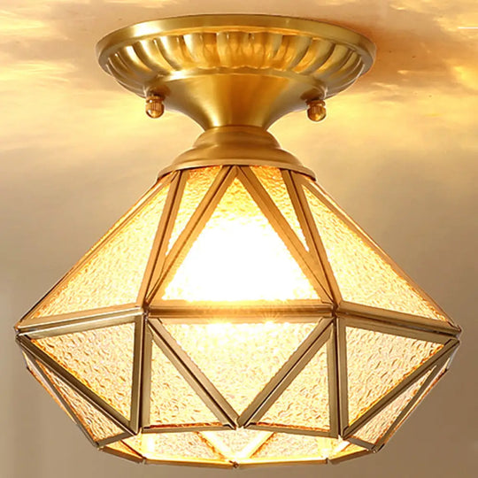 European Style Flush - Mount Ceiling Light: Full Brass Glass Shade 1 Light Polyhedron Design