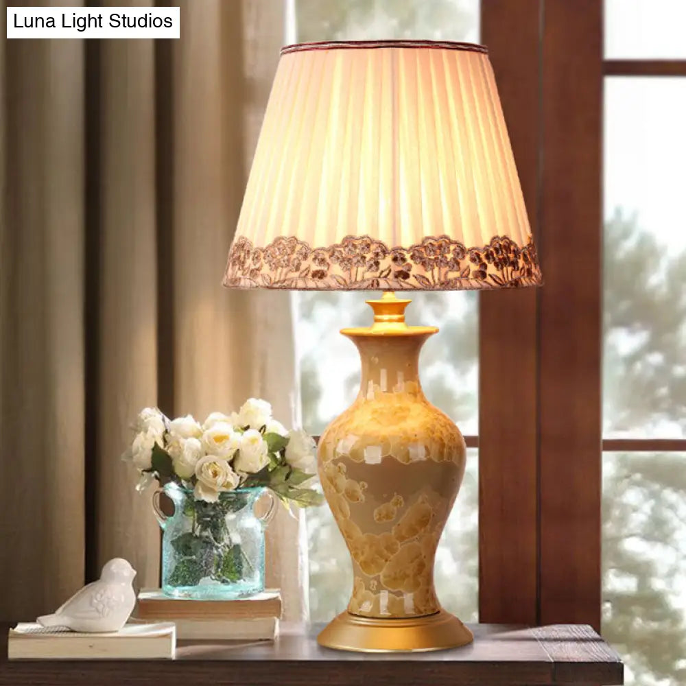 Rustic Beige Ceramic Urn Night Light With Pleated Fabric Shade - Living Room Table Lighting