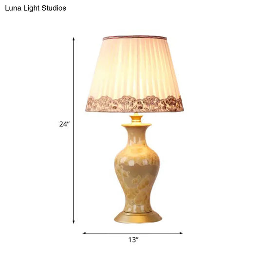 Rustic Beige Ceramic Urn Night Light With Pleated Fabric Shade - Living Room Table Lighting