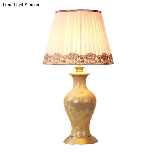 Eva - Beige Urn Night Light Rustic Ceramic 1 Head Living Room Table Lighting With Pleated Fabric