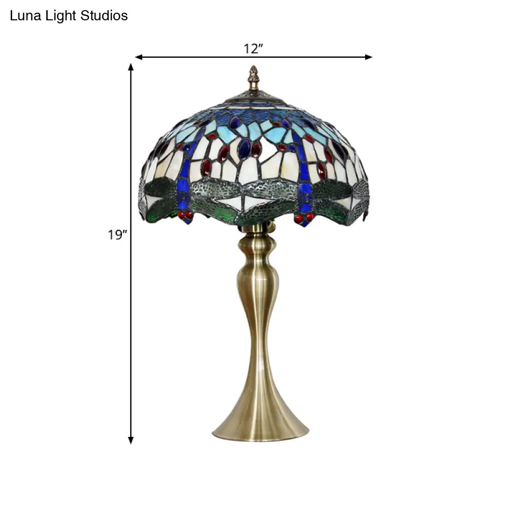 Eva - Blue 1 Head Table Lighting Mediterranean Stained Glass Scalloped Nightstand Lamp With Beaded