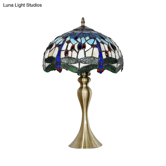 Eva - Blue 1 Head Table Lighting Mediterranean Stained Glass Scalloped Nightstand Lamp With Beaded