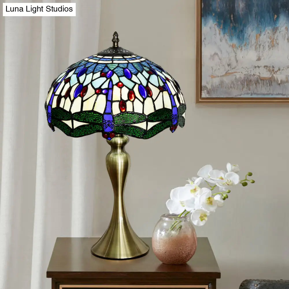 Mediterranean Style Blue Stained Glass Head Table Lamp With Beaded Scalloped Shade - Nightstand