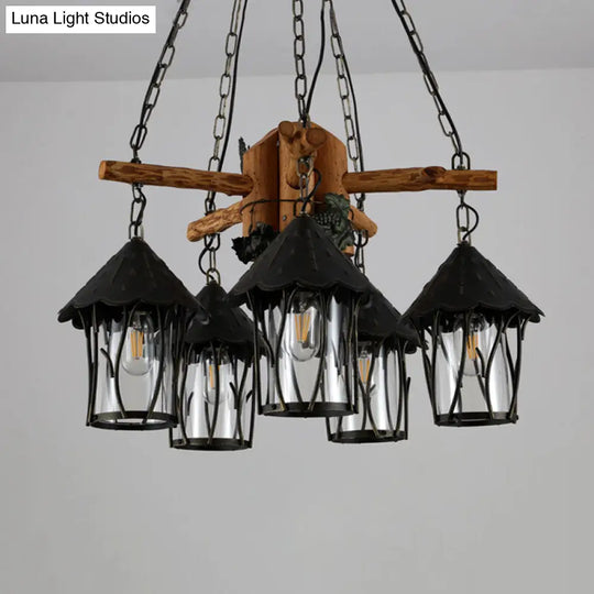 Evelyn - Restaurant Black Lantern Chandelier Factory Style Clear Glass 5 Heads Pendant Lighting