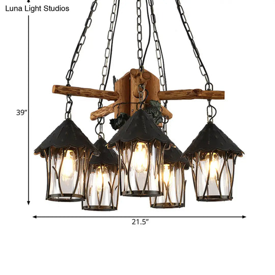 Evelyn - Restaurant Black Lantern Chandelier Factory Style Clear Glass 5 Heads Pendant Lighting