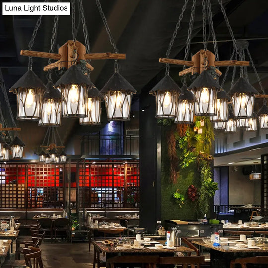 Evelyn - Restaurant Black Lantern Chandelier Factory Style Clear Glass 5 Heads Pendant Lighting