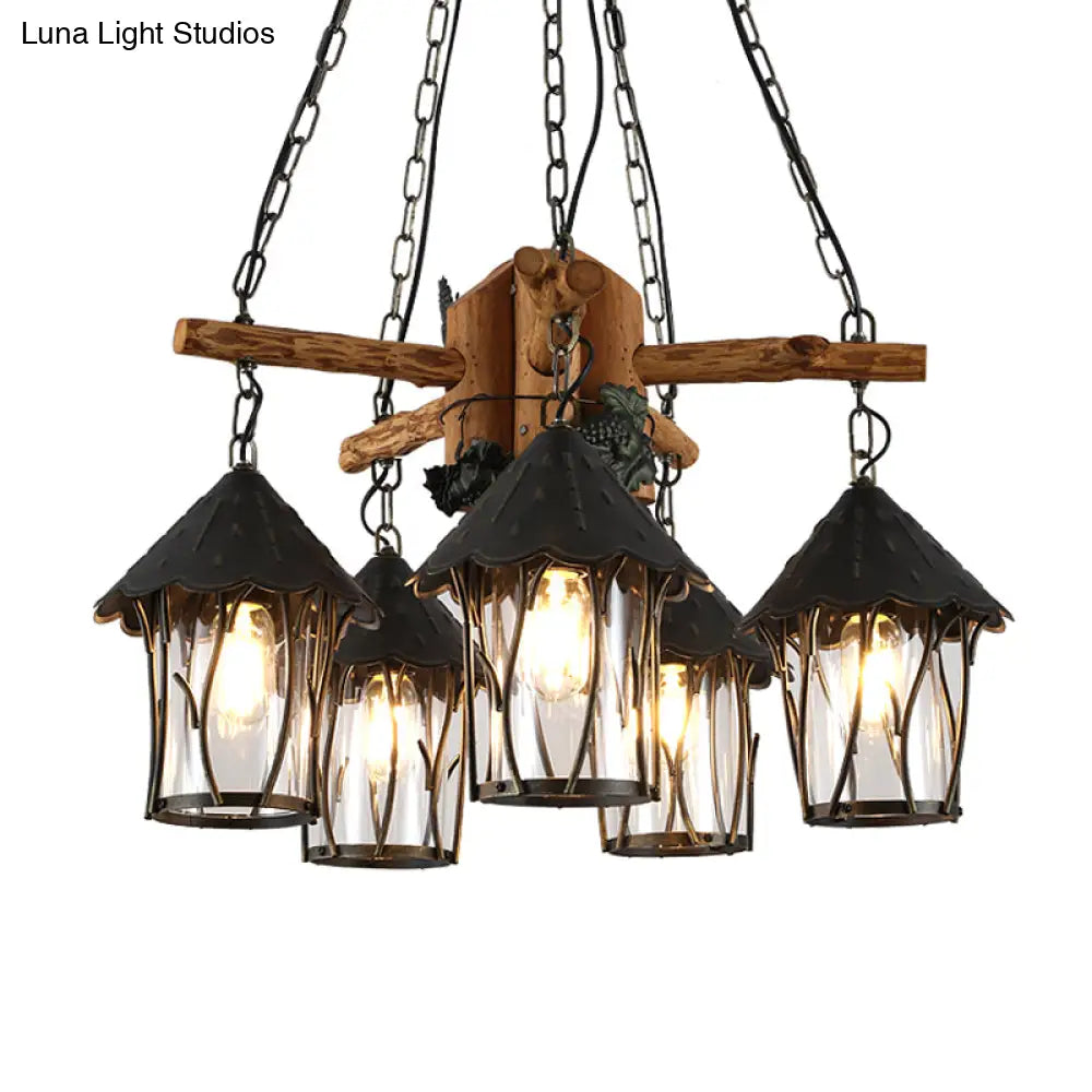 Evelyn - Restaurant Black Lantern Chandelier Factory Style Clear Glass 5 Heads Pendant Lighting