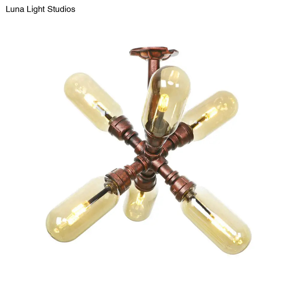 Rustic Amber Glass Sputnik Semi Flush Light - Antique Copper 4/6 Lights Ceiling Mount