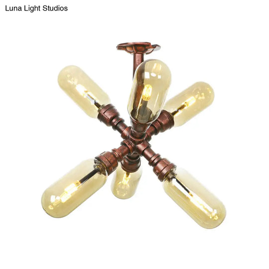 Rustic Amber Glass Sputnik Semi Flush Light - Antique Copper 4/6 Lights Ceiling Mount