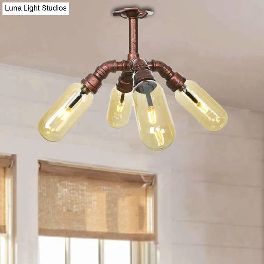 Rustic Amber Glass Sputnik Semi Flush Light - Antique Copper 4/6 Lights Ceiling Mount Weathered / A