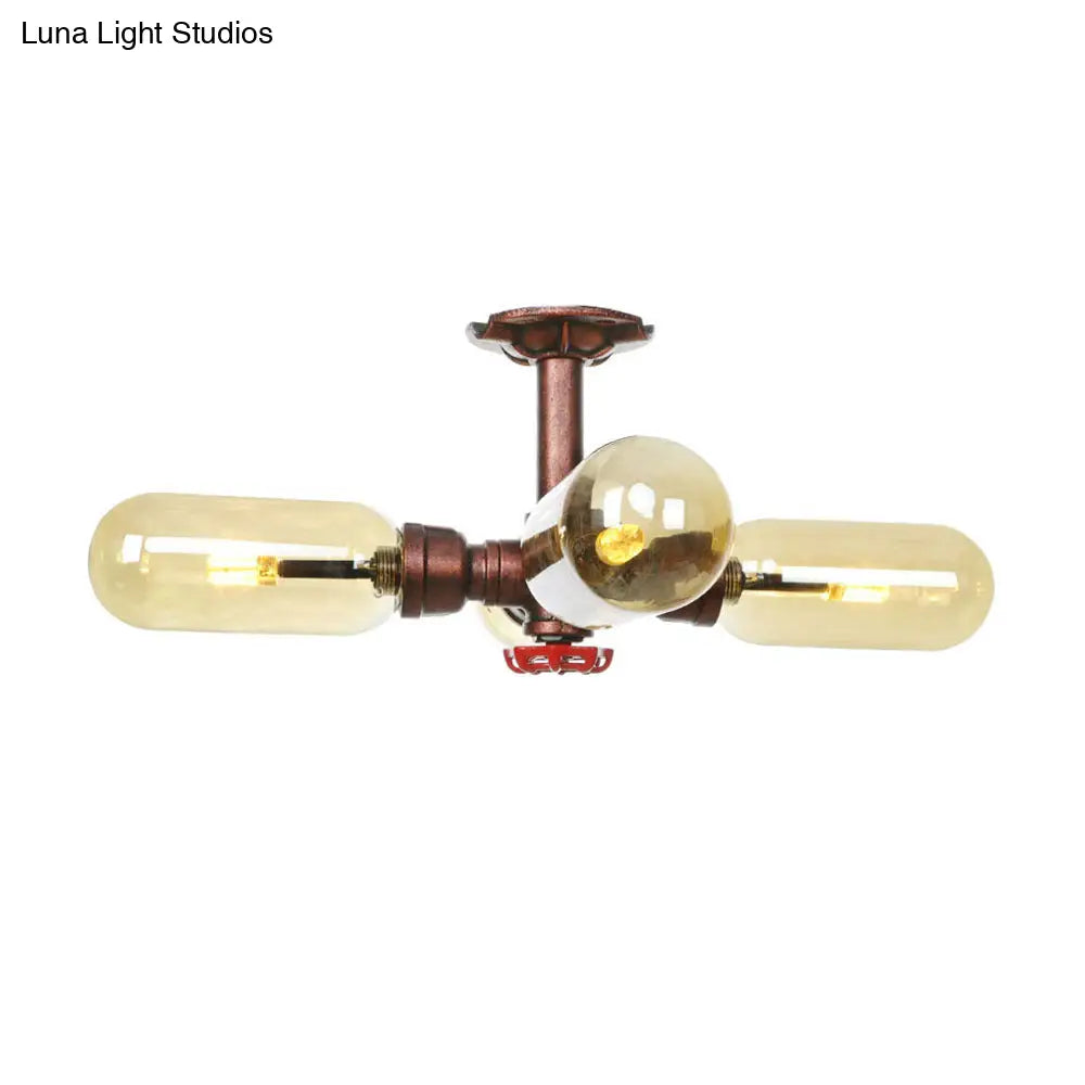 Evelyn’s Antique Copper 4/6 Lights Ceiling Mount Rustic Style Amber Glass Sputnik Semi Flush