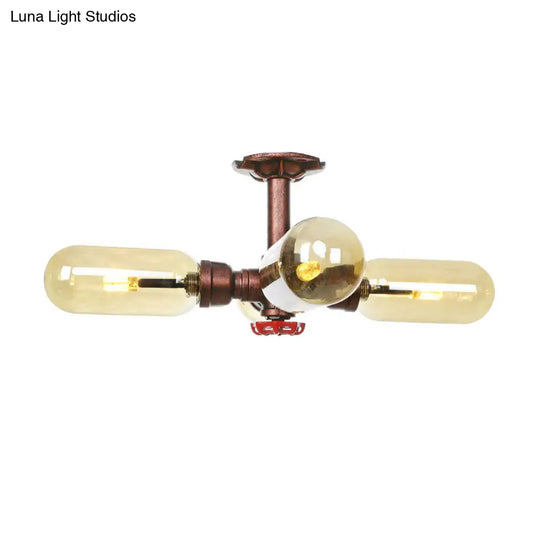 Evelyn’s Antique Copper 4/6 Lights Ceiling Mount Rustic Style Amber Glass Sputnik Semi Flush