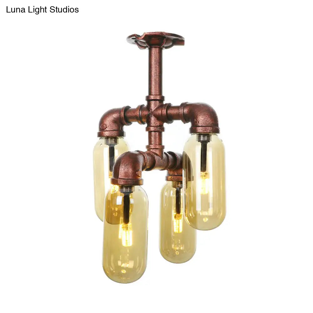 Evelyn’s Antique Copper 4/6 Lights Ceiling Mount Rustic Style Amber Glass Sputnik Semi Flush