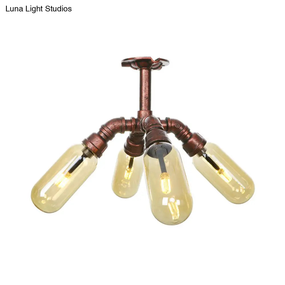 Rustic Amber Glass Sputnik Semi Flush Light - Antique Copper 4/6 Lights Ceiling Mount