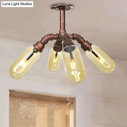 Evelyn’s Antique Copper 4/6 Lights Ceiling Mount Rustic Style Amber Glass Sputnik Semi Flush