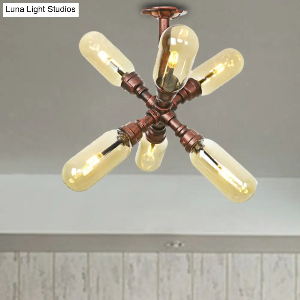 Evelyn’s Antique Copper 4/6 Lights Ceiling Mount Rustic Style Amber Glass Sputnik Semi Flush