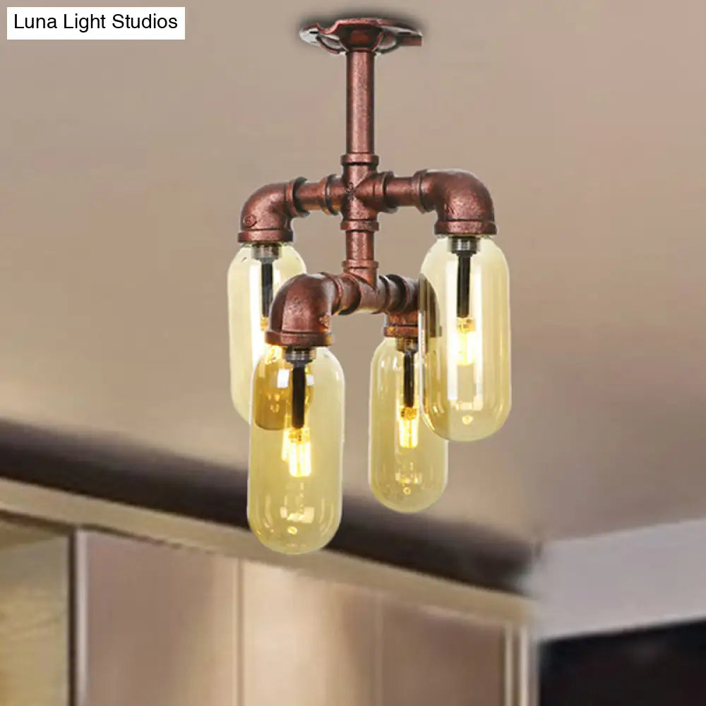 Evelyn’s Antique Copper 4/6 Lights Ceiling Mount Rustic Style Amber Glass Sputnik Semi Flush