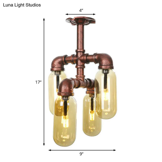 Evelyn’s Antique Copper 4/6 Lights Ceiling Mount Rustic Style Amber Glass Sputnik Semi Flush