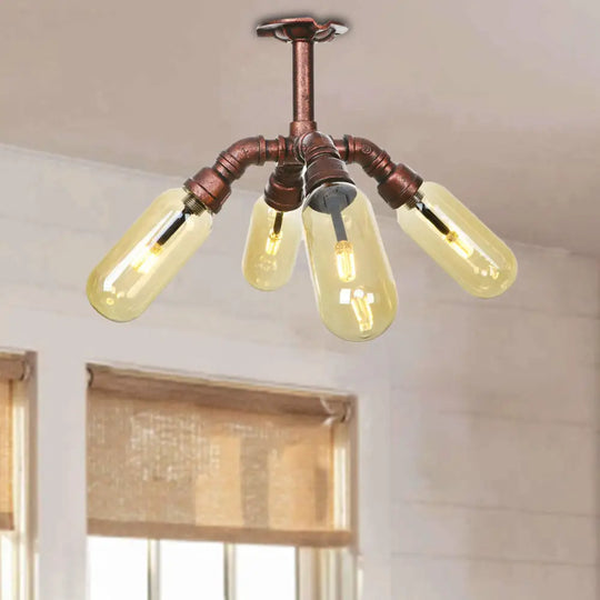 Evelyn’s Antique Copper 4/6 Lights Ceiling Mount Rustic Style Amber Glass Sputnik Semi Flush