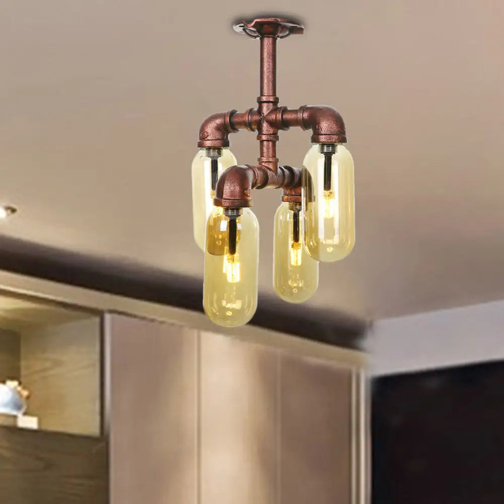 Evelyn’s Antique Copper 4/6 Lights Ceiling Mount Rustic Style Amber Glass Sputnik Semi Flush