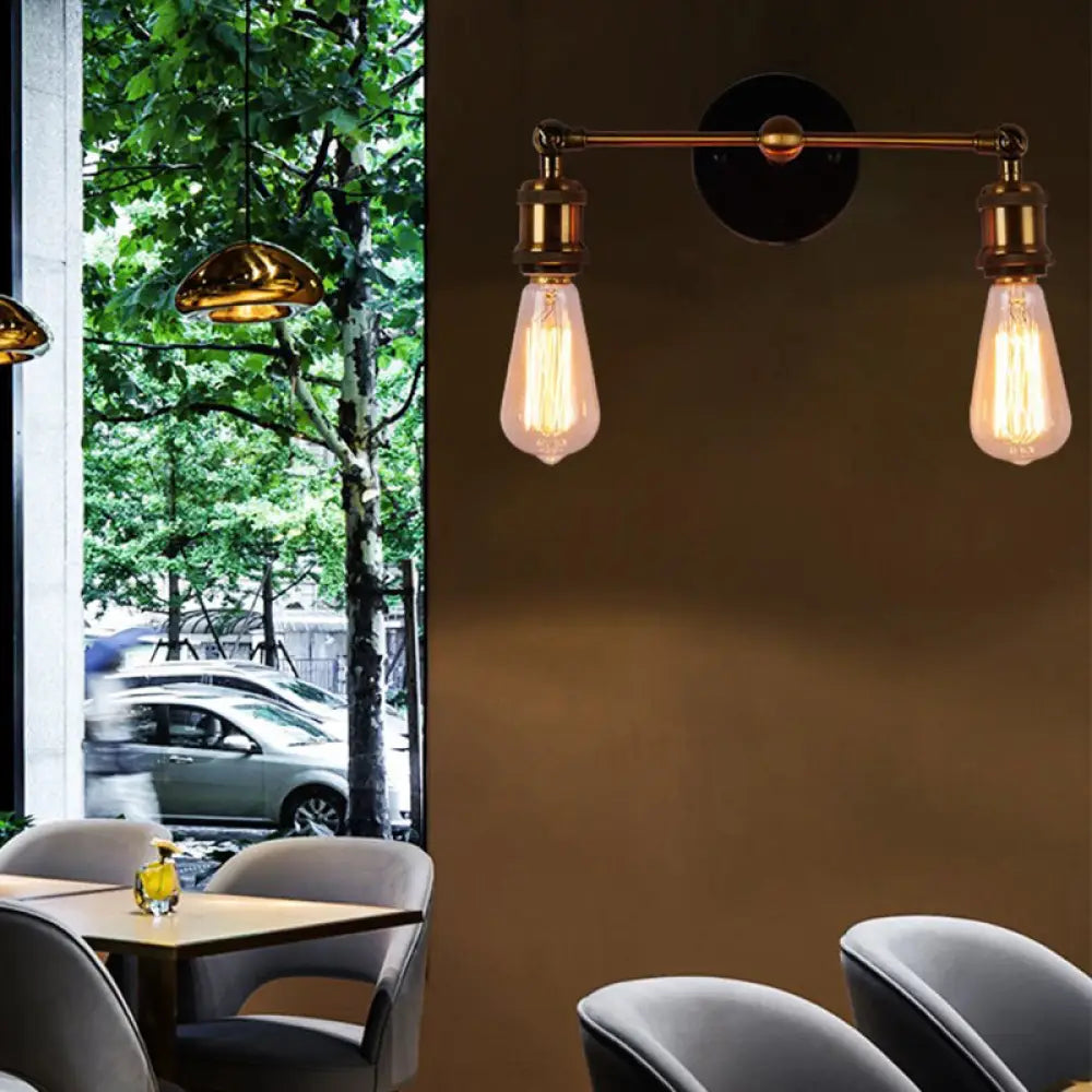 Exposed Sconce Light: 2-Light Industrial Brass Finish Fixture For Coffee Shop