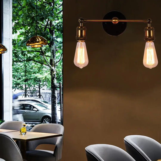 Exposed Sconce Light: 2-Light Industrial Brass Finish Fixture For Coffee Shop